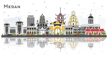 Medan Indonesia City Skyline with Color Buildings and Reflections Isolated on White. vector