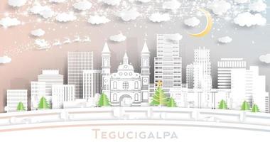 horizonte de la ciudad de tegucigalpa honduras en estilo de corte de papel con copos de nieve, luna y guirnalda de neón. vector