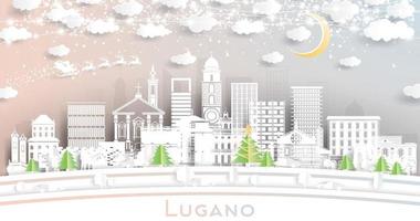 horizonte de la ciudad de lugano suiza en estilo de corte de papel con copos de nieve, luna y guirnalda de neón. vector