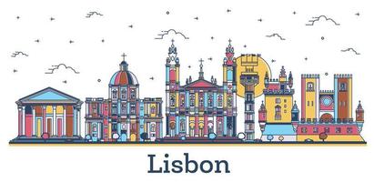 Outline Lisbon Portugal City Skyline with Colored Historic Buildings Isolated on White. vector