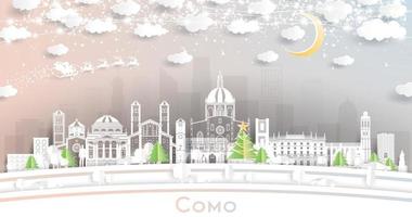 Como Italy City Skyline in Paper Cut Style with Snowflakes, Moon and Neon Garland. vector