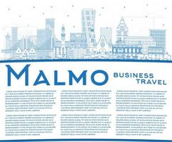 Outline Malmo Sweden City Skyline with Blue Buildings and Copy Space. vector