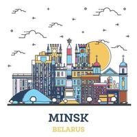 delinear el horizonte de la ciudad de minsk, bielorrusia, con edificios modernos de colores aislados en blanco. vector