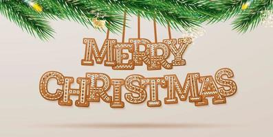 Feliz Navidad. tarjeta de felicitación con texto acristalado en forma de galleta y rama de abeto verde. vector