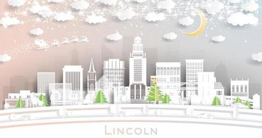 horizonte de la ciudad de lincoln nebraska en estilo de corte de papel con copos de nieve, luna y guirnalda de neón. vector