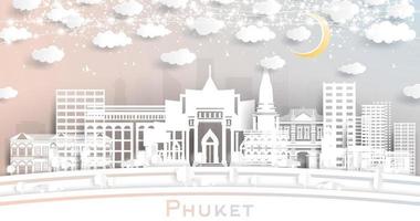 horizonte de la ciudad de phuket, tailandia, en estilo de corte de papel con edificios blancos, luna y guirnaldas de neón. vector