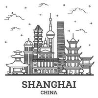 delinear el horizonte de la ciudad de shanghai china con edificios históricos aislados en blanco. vector