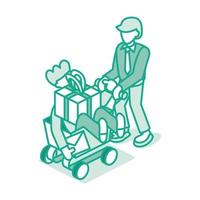 Man Push Shopping Cart with Friend and Gift Box. Big Sale Icon. Supermarket Trolley. vector