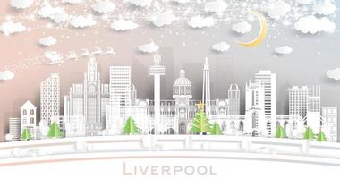 horizonte de la ciudad de liverpool reino unido en estilo de corte de papel con copos de nieve, luna y guirnalda de neón. vector