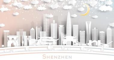 horizonte de la ciudad de shenzhen china en estilo de corte de papel con edificios blancos, luna y guirnalda de neón. vector