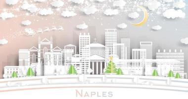 Naples Italy City Skyline in Paper Cut Style with Snowflakes, Moon and Neon Garland. vector