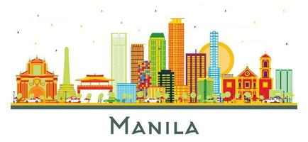 Manila Philippines City Skyline with Color Buildings Isolated on White. vector