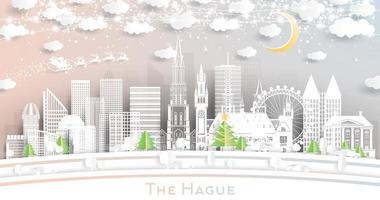 The Hague Netherlands City Skyline in Paper Cut Style with Snowflakes, Moon and Neon Garland. vector