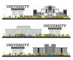 conjunto de campus universitario. estudiar pancartas aisladas en blanco. los estudiantes van al edificio principal de la universidad. vector