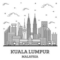 delinear el horizonte de la ciudad de kuala lumpur malasia con edificios modernos aislados en blanco. vector