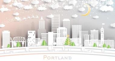Portland Oregon City Skyline in Paper Cut Style with Snowflakes, Moon and Neon Garland. vector