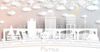 Patna India City Skyline in Paper Cut Style with White Buildings, Moon and Neon Garland. vector