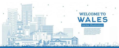 Outline Welcome to Wales City Skyline with Blue Buildings. vector