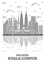 delinear el horizonte de la ciudad de kuala lumpur malasia con edificios modernos y reflejos aislados en blanco. vector