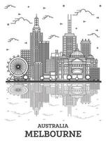 delinear el horizonte de la ciudad de melbourne, australia, con edificios modernos e históricos con reflejos aislados en blanco. vector