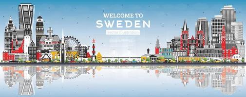 Welcome to Sweden. City Skyline with Gray Buildings, Blue Sky and Reflections. vector