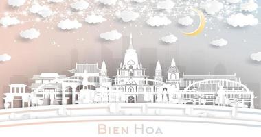 Bien Hoa Vietnam City Skyline in Paper Cut Style with White Buildings, Moon and Neon Garland. vector