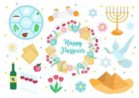 Jewish holiday Passover banner design with seder plate, floral decoration, matzo. vector illustration