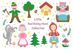 Cute Little Red Riding Hood set objects. Collection design element with pretty girl and her grandmother, wolf, woodman and trees. Kids baby clip art funny smiling character. Vector iillustration