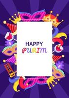Purim holiday invitation frame with traditional Purim elements around it, such as crowns, carnival masks, harlequin's hats, wine, party cones and beanbags. Vector poster, greeting, invitation, frame.