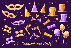 Party and Carnival group of objects, elements for Mardi Gras, Purim holiday, and festival and masquerade event in three variants of colors. vector