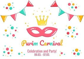 Purim holiday banner, invitation, greeting card with carnival mask, crown, festive flags and confetti, party announce with date, bright vector illustration.