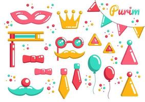 urim holiday doodles in flat styles, party and carnival elements, group of celebration objects, masks, party cones, beanbag, balloons, flags, crown, ties. Decorative doodle objects. vector