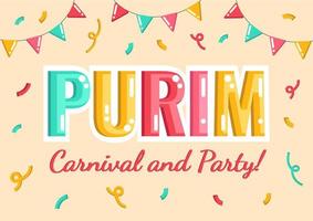 Purim Holiday banner, poster with lettering, greeting card, invitation, vector Carnival and Party announcement, text with confetti on the background.