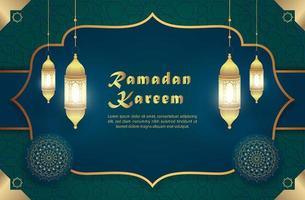 Ramadan Kareem greeting card design with lantern lights on green background. Chandelier. vector illustration design