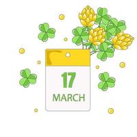 Calendar with Date March 17 Reminder of St Patricks Day Bouquet of Flowers and Clover Leaves vector