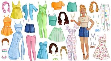 Spring Time Paper Doll with Beautiful Lady, Outfits, Hairstyles and Accessories. Vector Illustration