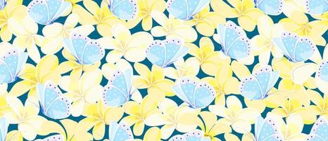 seamless, vector, patrón, de, amarillo y blanco, plumeria, flores, con, mariposas vector