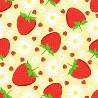 Seamless pattern of strawberries and chamomile on a pale yellow background, vector illustration