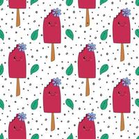 Abstract ice-cream vector seamless  pattern. Sorbet, mint leaves and small random black spots ornament. Irregular chaotic hand drawn elements. Modern decorative print.