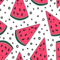 Abstract watermelon vector seamless  pattern. Random fruit slices and small black spots on white background. Irregular chaotic hand drawn elements. Modern decorative print.