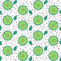 Abstract lime vector seamless  pattern. Lime slices, mint leaves and small random black spots ornament. Irregular chaotic hand drawn elements. Modern decorative print.