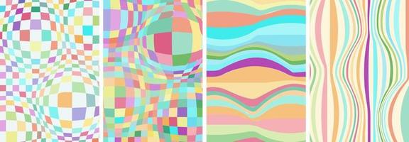 Retro groovy style color art poster set. Psychedelic hippie swirl rainbow background collection. Vintage hippy crazy various twist and melt abstract placards. Trendy y2k pop culture bright design. Eps vector