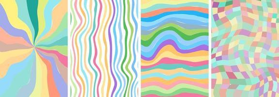 Retro groovy style color poster set. Psychedelic hippie swirl rainbow background collection. Vintage hippy crazy various twist and melt abstract placard. Trendy y2k pop culture bright design art. Eps vector