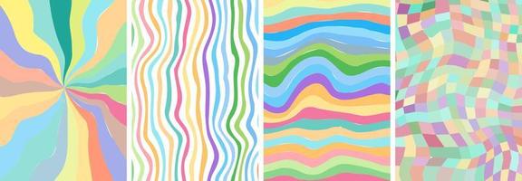 Retro groovy style color poster set. Psychedelic hippie swirl rainbow background collection. Vintage hippy crazy various twist and melt abstract placard. Trendy y2k pop culture bright design art. Eps vector