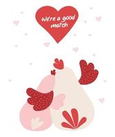 Couple birds in love chicken and rooster. Sitting birds hugging from back. Cute Valentines card. Were a good match. Vector illustration.