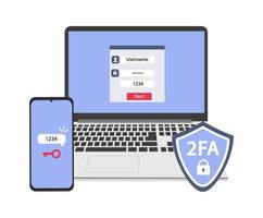 2FA Two Step Authentication.Unlocking via mobile phone. Vector flat illustration.