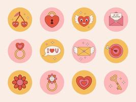 Vector set of highlights covers for Valentines day. Retro funny story highlights with hearts y2k. Trendy social media round icons in red, pink and yellow colors. Love and romance.