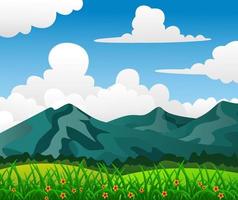 paisaje de verano con montaña, hermosa hierba, bosque y gran cielo, vector