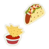 Set of Mexican food nachos and tacos stickers. Latin American cuisine. Fast food. Sticker. Icon vector