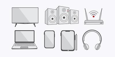 iconos de dispositivos. teléfono inteligente, tableta, computadora portátil, altavoz de audio, tv led, módem wifi, auriculares. ilustración vectorial, diseño plano. vector
